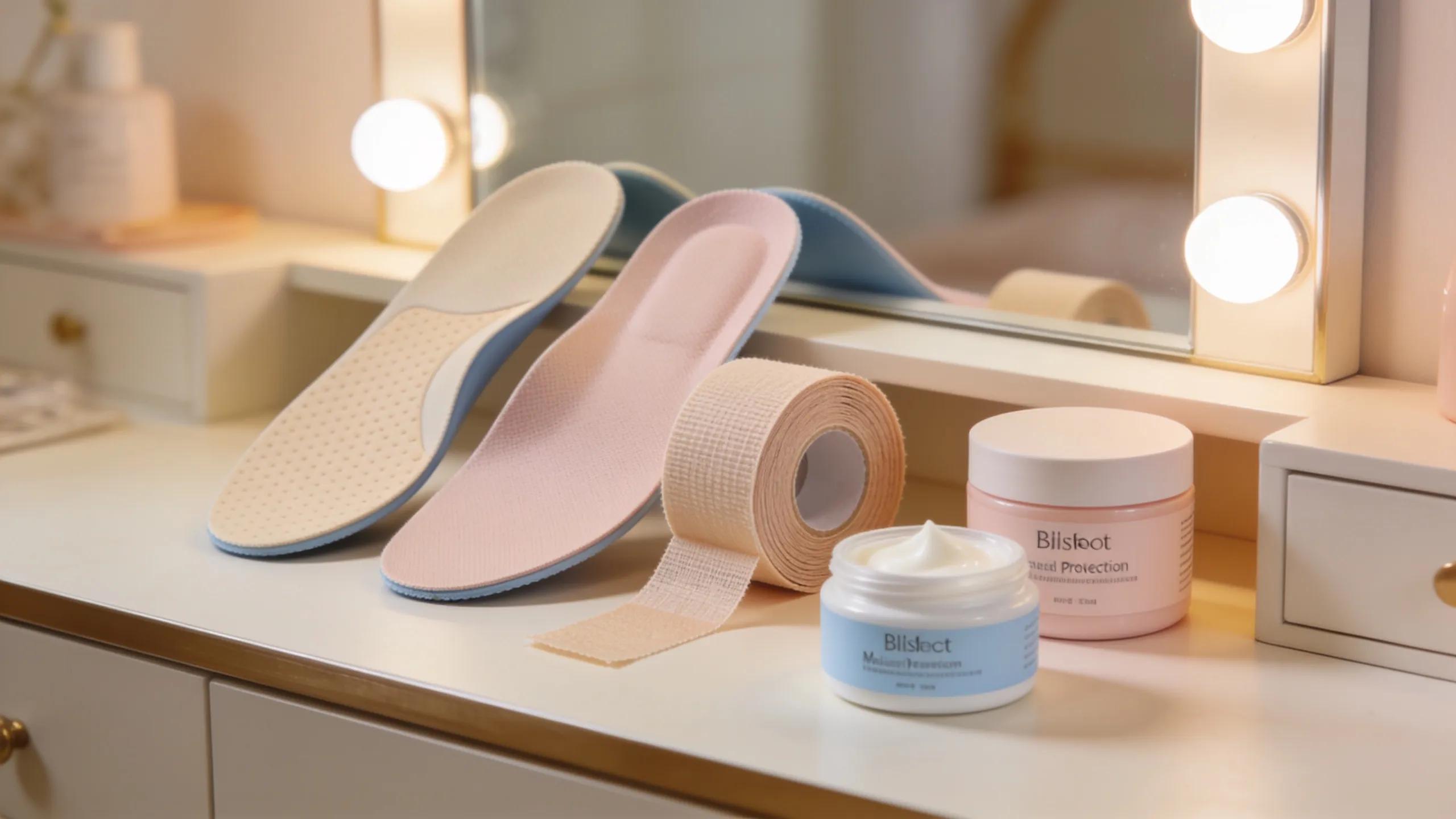 Foot care products arranged on a vanity for blister prevention and pain relief while wearing heels