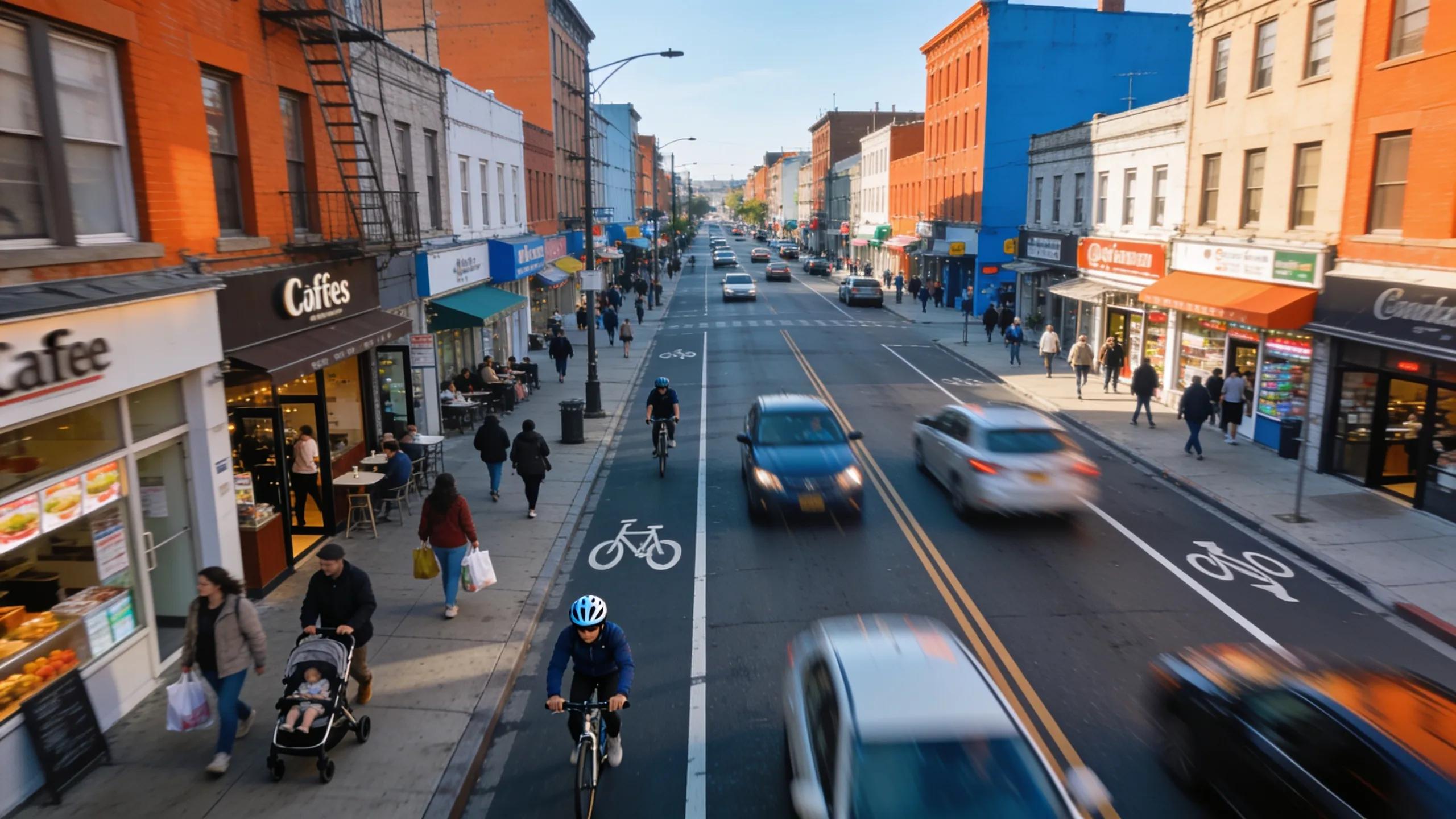 Urban scene illustrating a stroad with pedestrians, cyclists, and local businesses showing the mixed-use characteristic and safety concerns.