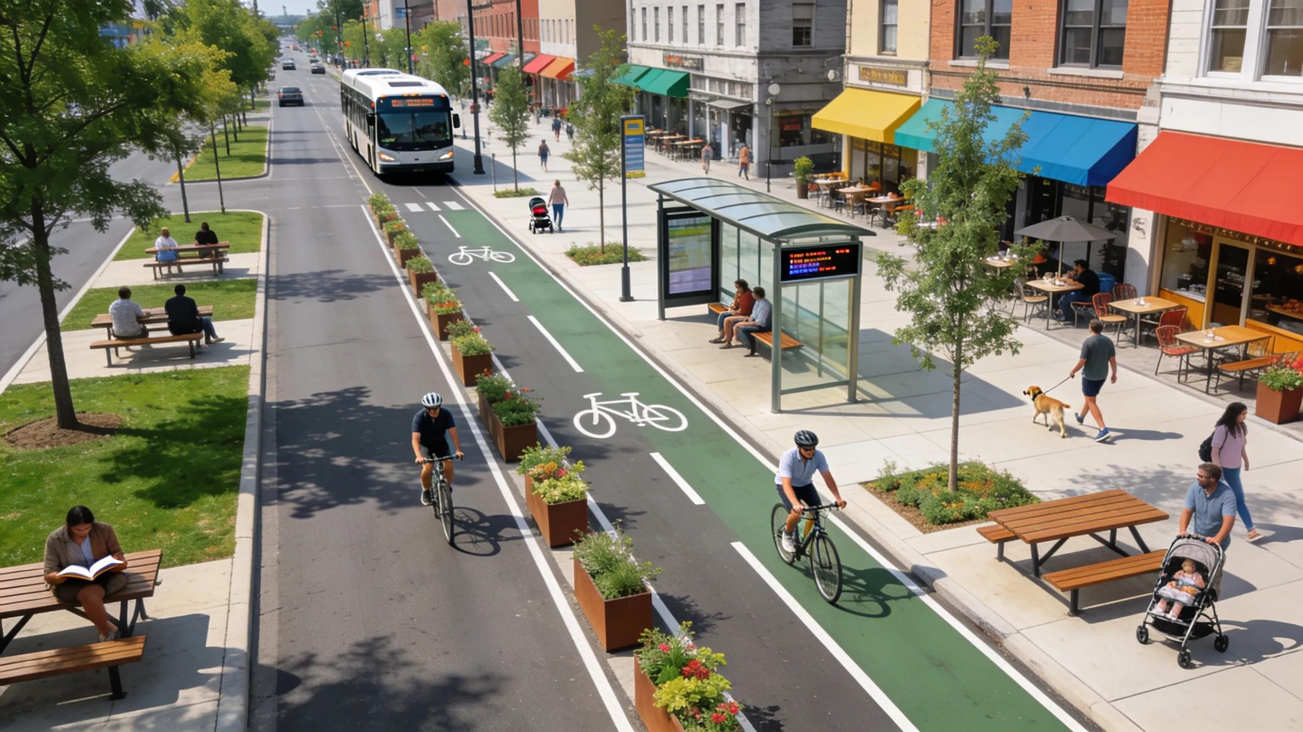 A vibrant complete streets design featuring green spaces, wide sidewalks, and a safe environment for pedestrians and cyclists promoting community interaction.