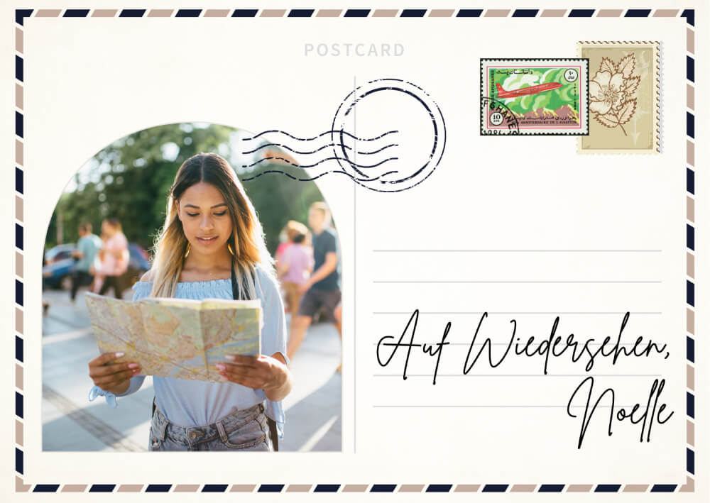 Vintage postcard design with traveler reading a map, The New Colonist travel inspiration.