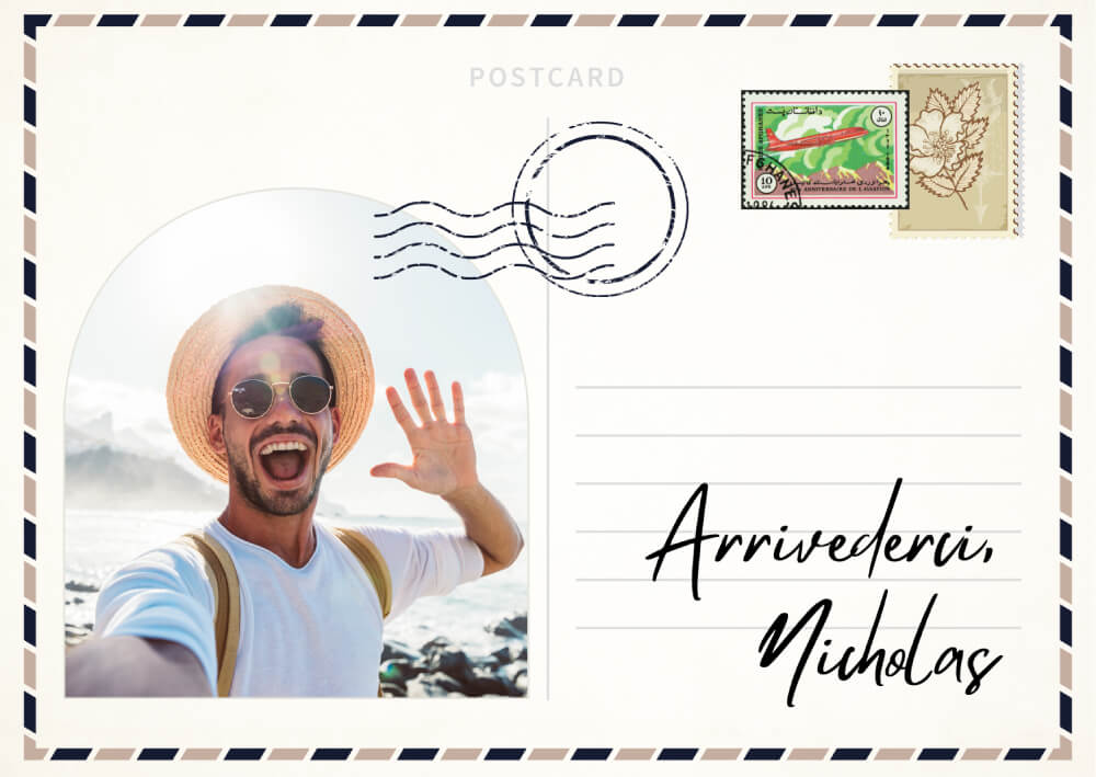 Travel postcard design with smiling man and vintage postage stamps, promoting travel inspiration and unique
