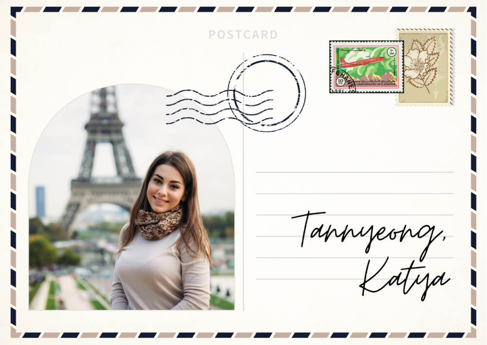 Woman smiling in front of Eiffel Tower, travel postcard design, mobile church inspiration.