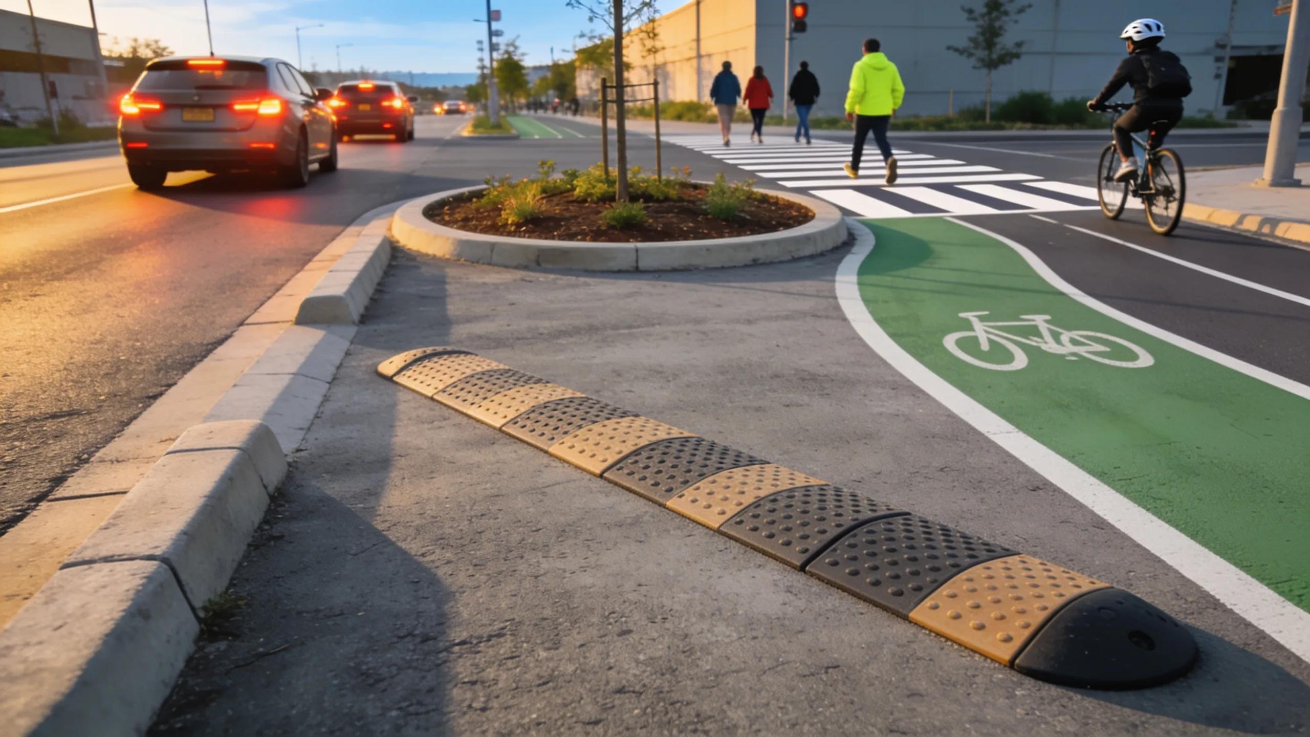 Redesigned street with traffic calming measures like speed bumps and protected bike lanes, showcasing improvements for pedestrian and cyclist safety.