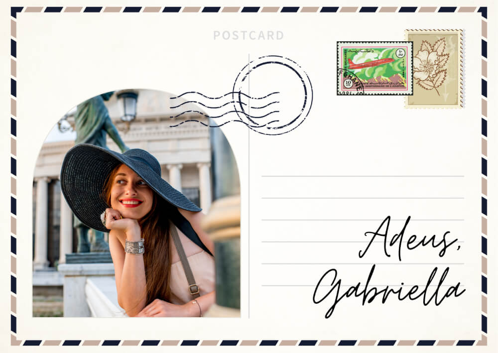 Woman wearing a wide-brimmed hat in Texas, postcard design with stamps and travel theme.