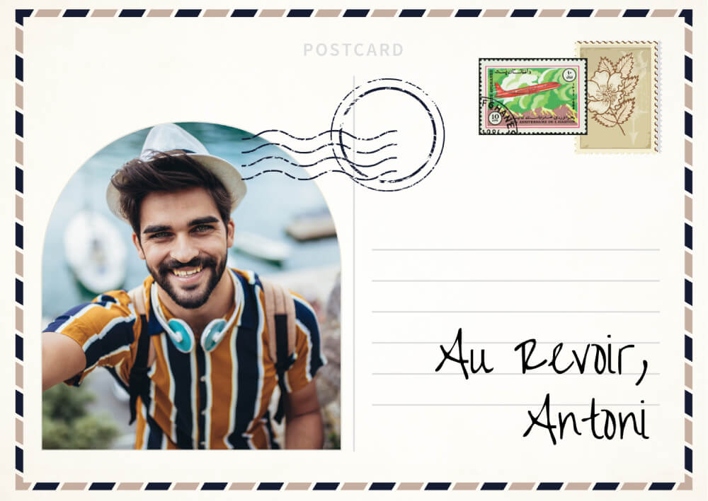 Travel postcard design featuring a smiling man and vintage postage stamps, evoking a girls' getaway